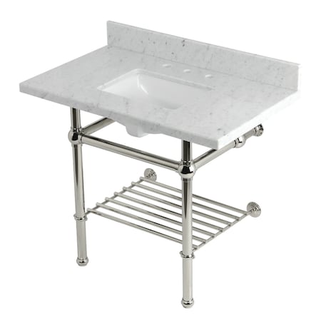 Kingston Brass 36-Inch Carrara Marble Console Sink with Brass Legs and Shelf, 8-Inch, 3-Hole KVPB3630MBSQB6