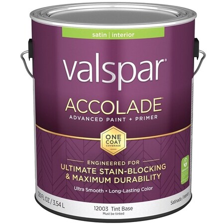 Valspar Accolade 1200 Latex Paint, Acrylic Base, Satin, Tint Base, 1 gal, Plastic Can 028.0012003.007