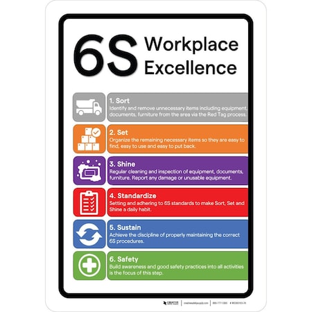 Creative Safety Supply 6S Workplace Excellence Portrait, Wall Sign, 10in x 7in, Mounted To PVC Signboard WS300103-10