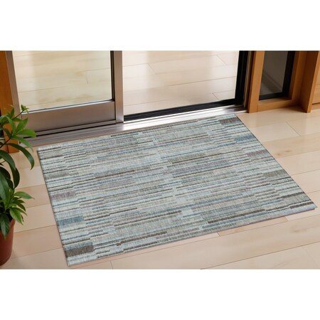 Homeroots 3' X 5' Teal Blue And Brown Striped Washable Indoor Outdoor Area Rug 631563