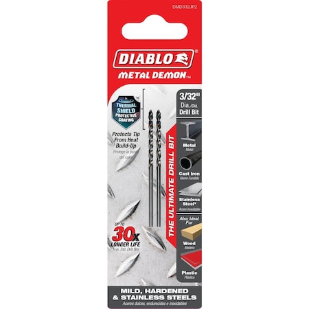Diablo Metal Demon 3/32'' Drill Bit for Mild Hardened & Stainless Steels, 2PK DMD332JP2