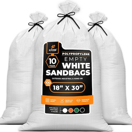 Xpose Safety Woven White Polypropylene Sandbags, 18x30 in, 50 lb Capacity, Reusable Flood Protection, 10PK SBW-1830-10-X