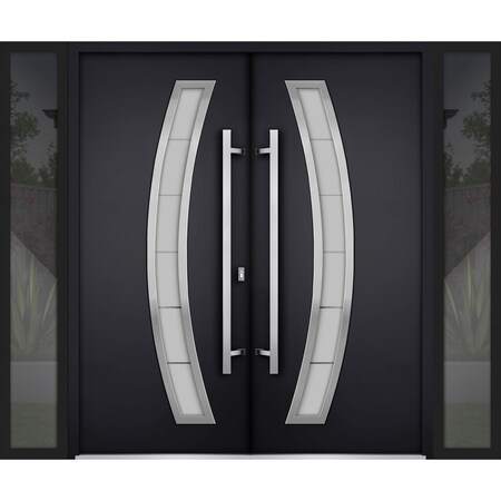 Vdomdoors Steel Double Doors Deux 6500 Black 2 Sidelight Exterior Windows Stainless Inserts Single Modern Pai DEUX6500DEXD-BLK-RH-W16+72+16 x H80