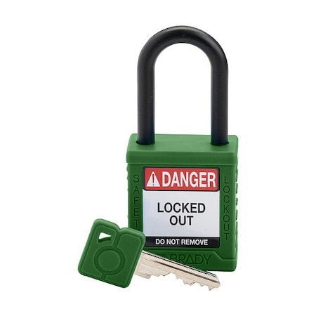 Brady Padlock, Keyed Different, Nylon, Green, 1 1/2 in Shackle Height, 1 1/2 in Body Width, 1 No. of Keys SDPL-GRN-38PL-KD