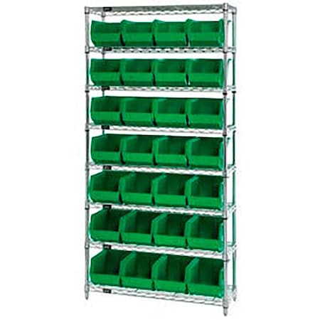 Global Industrial Chrome Wire Shelving w/ 28 Stacking Green Bins, 36"W x 12"D x 74"H, Gray 268926GN