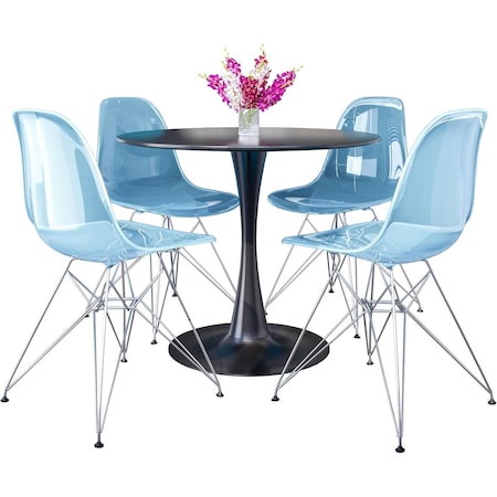 Leisuremod Bristol 5-Piece Modern Dining Set: Round MDF Table & 4 Eiffel Plastic Chairs with Chrome Legs, 5PK BTBL-35BL-CR19TBU4
