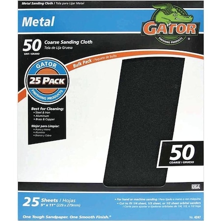 Gator 3292 Sanding Sheet, 11 in L, 9 in W, Coarse, 50 Grit, Emery Abrasive, Cloth Backing 4247