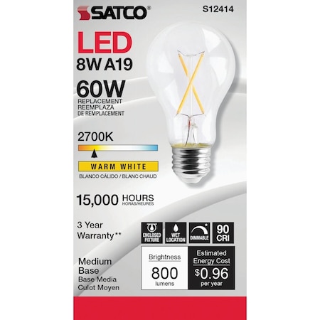 Satco 60W Equivalent Warm White A19 Medium Dimmable Traditional LED Light Bulb S12414