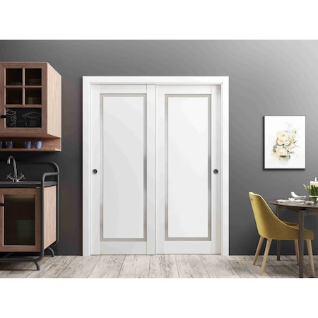 Sartodoors Sliding Closet Bypass Doors 56 x 80in, Planum 0888 Painted White W/ Frosted Glass, Sturdy Rails PLANUM0888DBD-BEM-56
