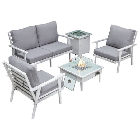 Leisuremod Walbrooke Modern White Patio Conversation With Square Fire Pit & Tank Holder, Grey WW-27-20-57-31-GR