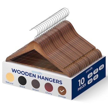 Serenelife Wooden Coat Hangers, 360 Deg Swivel Hook and Notches, Heavy-Duty, Vintage, 10PK SLHWDVINT10