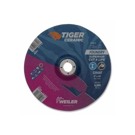 Weiler Tiger Grinding Wheel, Combo, 9 in dia x 1/8 in Thick x 7/8 in Arbor, 30 Grit, Ceramic, 25PK 804-68390