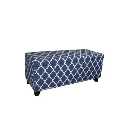 Homeroots 42in Blue and White and Dark Brown Upholstered Polyester Quatrefoil Bench with Flip top 469343