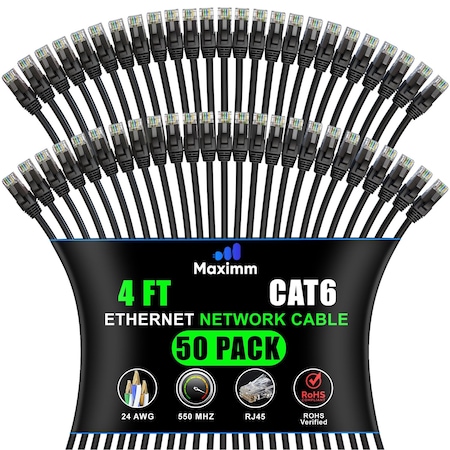 Maximm Cat6 Ethernet Cable 10Gbps 550MHz UTP, 50PK, Black, 50PK BK50PK06
