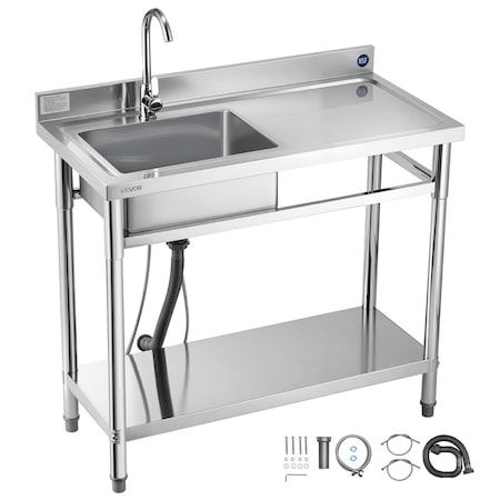 Vevor Stainless Steel Utility Sink Single Right Bowl with Faucet 39.4x19.7x37 in SS100-1