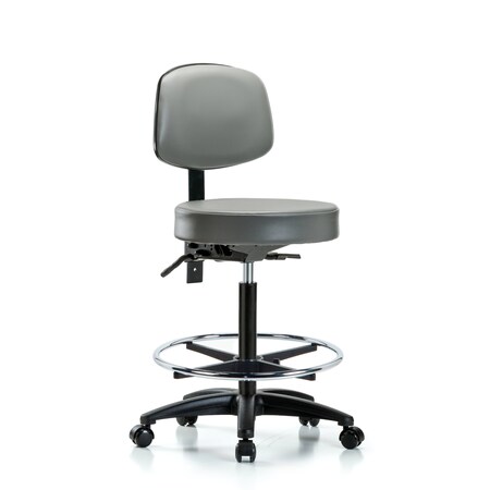 Blue Ridge Ergonomics Vinyl Stool, Back, High Bench, Tilt, Foot Ring, Casters, Sterling BR-VHBST-RG-T1-CF-RC-8840
