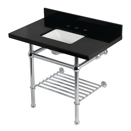 Kingston Brass 36-Inch Black Granite Console Sink with Brass Legs and Shelf, 8-Inch, 3-Hole KVPK3630KBSQB1