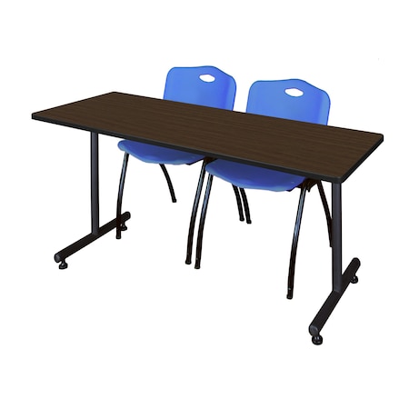 Regency Kobe T-Base Training Seminar Table W/ 2 M Stack Chairs, 72 in W, 24 in L, Neo Walnut MKTRCT7224NW47BE