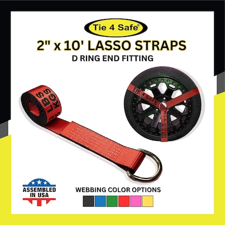 Tie 4 Safe 2'' x 10' Side Mount Wheel Net Tie Down Kit w/ Wire J Hook. WLL: 3,333 LBS Red, 4PK RT04CK-5210-W5W27-R-BW02P-BLK-4