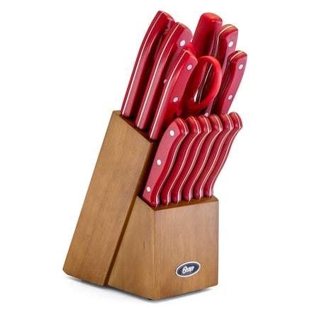 Oster Evansville 14 Piece Stainless Steel Cutlery Set with Red Handles 81011.14