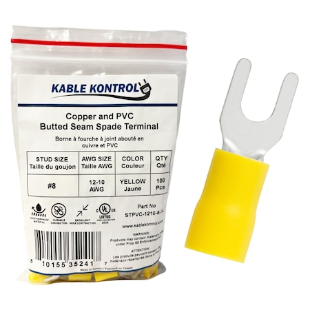 Kable Kontrol Fork Terminal, #8 Stud Size, 10 AWG, Yellow, 100 PK STPVC-1210-8-YL