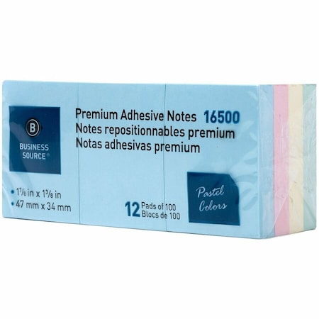 Business Source Premium Plain Pastel Adhesive Notes, Pastel, 12PK BSN16500