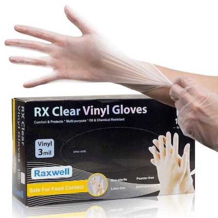 Raxwell Clear Vinyl Disposable Gloves, 3 mil, Large, 100PK RX60003