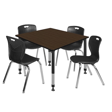 Regency Square Kee Adjustable Classroom Table W/ 4 Andy Stack Chairs, 48 in W, 48 in L, Neo Walnut TB4848NWAPBK40BK
