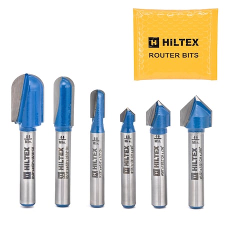 Hiltex 90 Degree V-Groove and Round Nose Router Bit Set, 6 Pieces, 1/4 Inch Shank 10106H