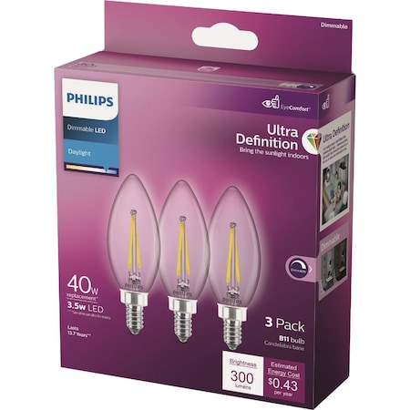 Signify Ultra Definition 40W Equivalent B11 LED Candelabra Base Daylight Light Bulb, 3PK 588525