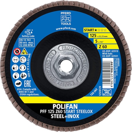 Pferd 5'' Flap Disc, 5/8''-11 Thread, 60 Grit, Z START STEELOX, Type 27, Flat, Zirconia 63931