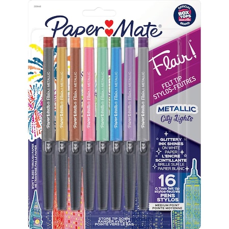 Paper Mate Flair Felt Tip Pens, Medium Point (0.7mm), Metallic City Lights, 16PK 2129448