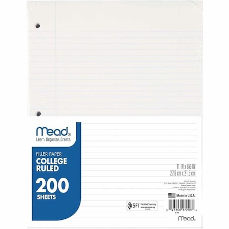 Mead Products Mead Filler Paper, 8-1/2" x 11", College Ruled, 3-Hole Punched, White, 200 Sheets/Pack 17208