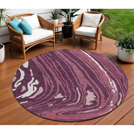 Homeroots 8' Burgundy Brick Red And Ivory Round Abstract Washable Indoor Outdoor Area Rug 601262