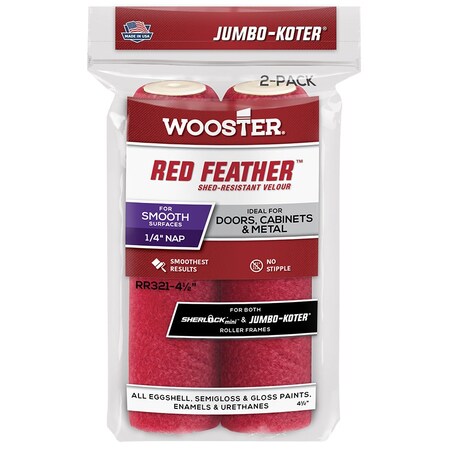 Wooster 4 1/2in x 1/4in Nap RR3210044 Red Feather Jumbo-Koter Velour Mini Roller Cover, For Smooth RR4040044