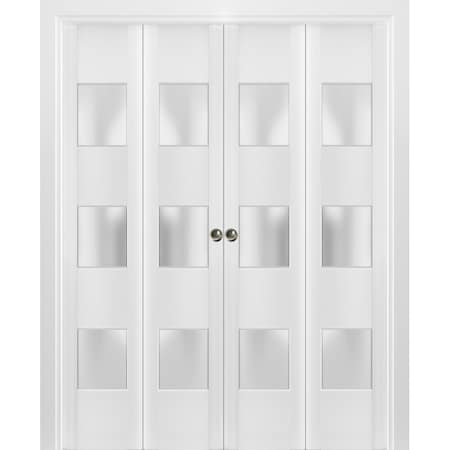 Sartodoors Sliding Closet Double Bi-fold Doors, Lucia 4070 White Silk with Frosted Glass, Sturdy Tracks Moldin LUCIA4070DBF-WS-96 x 96 (4* 24x96)