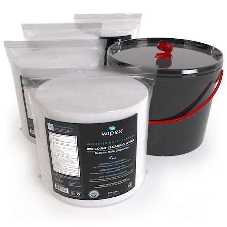 Wipex Plastic-Free Sanitizing Wipes 800ct Bundle, 4 Refill Rolls + XL 11-Liter Bucket, 3200 Wipes WX72019BZR-4-Kit-11LB