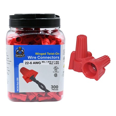 Grizzly Supply Winged Screw-On Wire Connector, 22-6 AWG, 600V Max, Thermoplastic, Red 300PK WCW-Red-300