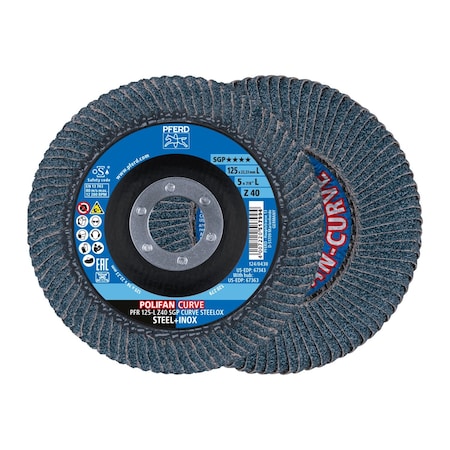 Pferd PFERD POLIFAN CURVE flap disc 5in x 7/8, Z SGP CURVE STEELOX, 40 Grit, Large Radius, Zirconia, 2PK 66992