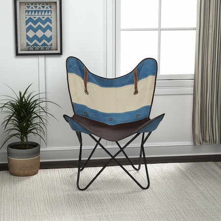 Homeroots 30" Blue and Brown Canvas And Genuine Leather Striped Butterfly Chair 548252