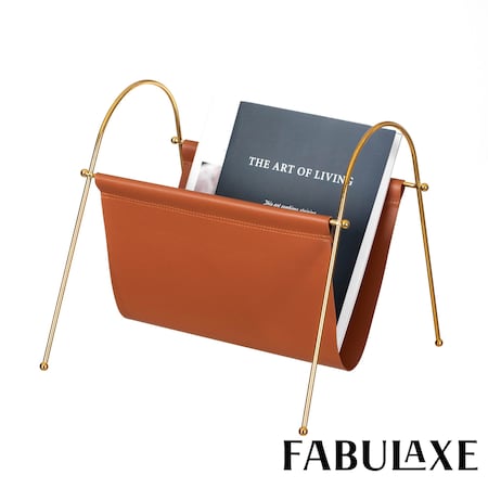 Fabulaxe 12-in Gold-Tone Metal Frame with Brown Leatherette Sling Magazine Holder for Living Rooms, Home QI004741