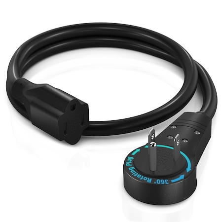 Maximm 2ft 16AWG 360 degrees Flat Plug Extension Cord, 3-Prong Grounded, UL, Black ADW-360-31R02-16B0