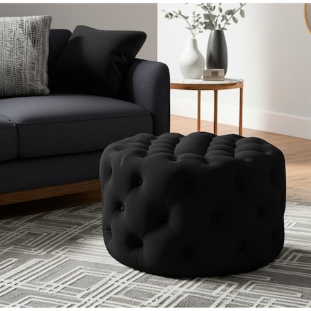 Homeroots 33" Black Linen Tufted Round Cocktail Ottoman 568053