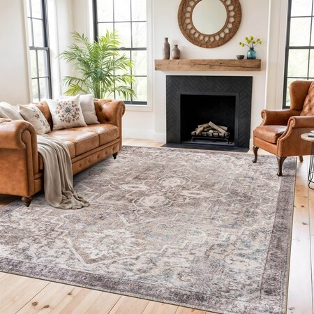 World Rug Gallery Beige Floral Medallion Washable Rug - Low Pile, Non-Slip 7 ft 7 in x 9 ft 6 in WR174BEIGE8X10