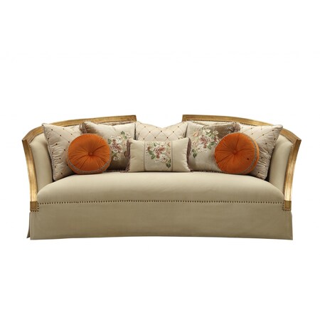 Homeroots 41" Beige Velvet Curved Sofa And Toss Pillows With Natural Legs 348220