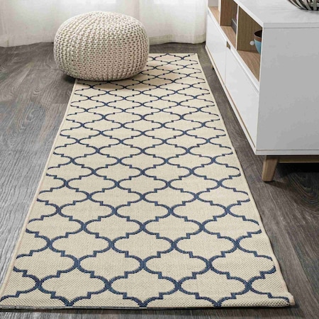 Jonathan Y Arabesque Ogee Trellis Beige/Navy 2 ft. x 8 ft. Indoor/Outdoor Runner Rug SMB122A-28