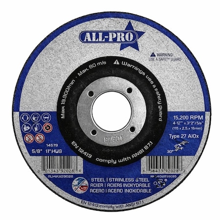 Cooper Lighting Grinding Wheel 4 1/2", 1/4", 7/8", A30Q, T27, 10PK ALPGW29025
