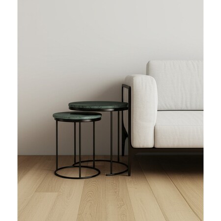 Homeroots Set of Two Green and Black Marble and Metal Round Nested Tables 632675