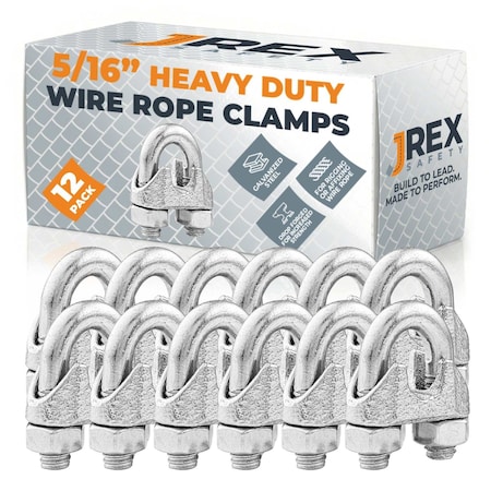 Jrex Safety Galvanized Steel Wire Rope Cable Clip Clamp - 5/16" U-Bolt Style, 12PK GCC516-JR-12PK