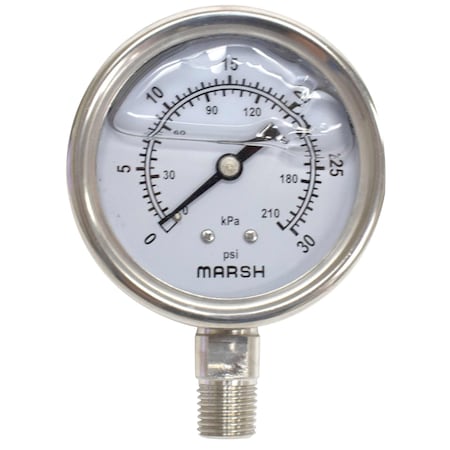 Marsh Pressure gauge, 63mm stainless steel case, glycerin fill, 1/4in lower mount, 0-3000 psi J7878P